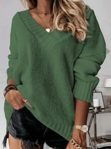 女士简约优雅纯色 V 领长袖针织毛衣、长袖上衣