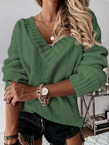 女士简约优雅纯色 V 领长袖针织毛衣、长袖上衣