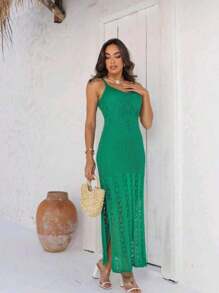 Women's Long Strap Dress With Lining And Side Slits Knit Mesh Luxury Fashion - màu xanh lá - Xem 3