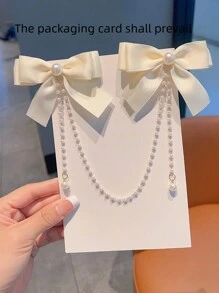 1pc Girls' Fashion Cute Pearl Bowknot Tassel Hair Clip. Slight Color Difference May Occur Due To Fabric Batch, Please Refer To Actual Product And Packaging Card. - Beige - View 5