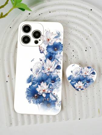 Flower 1pc White Shockproof TPU Floral Pattern Phone Case + 1pc 360° Rotating Heart-Shaped Foldable Phone Stand Compatible With Iphone/Samsung Galaxy/OPPO/Galaxy A52/A52s 5G/Galaxy A14/Galaxy S23 Ultra/IPhone 14 Pro Max/OPPO A54/Galaxy A54/Redmi 10/Redmi Note 8/Redmi 12C/11A/Galaxy A13 4G/Galaxy A23 5G