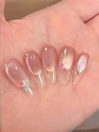 10Pcs Handmade Aurora Cherry Blossom Gradient Petal Cat'S Eye Style Fake Nails Press On Nails Nail Supplies Nails