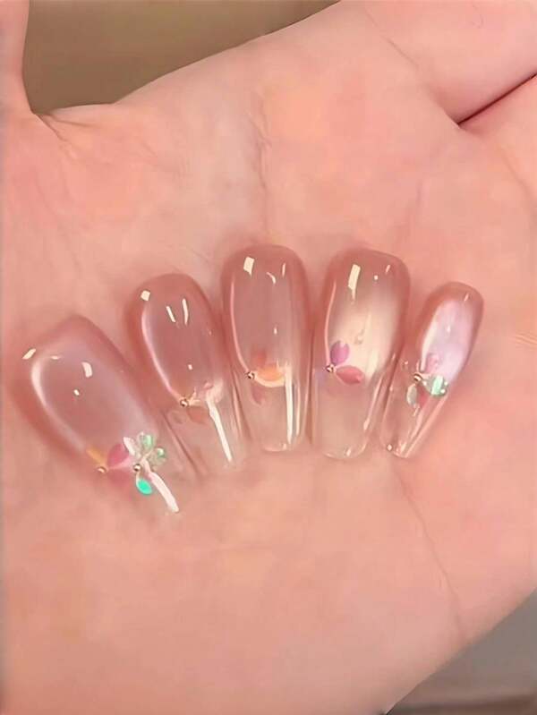 10 piezas de Uñas postizas de estilo Ojo de Gato con pétalos de degradado de Flor de Cerezo Auroral, hechas a mano