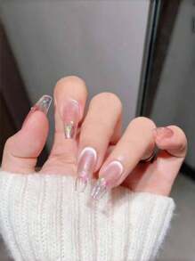 10 片手工制作的极光樱花渐变花瓣猫眼风格假指甲按压式指甲美甲用品指甲