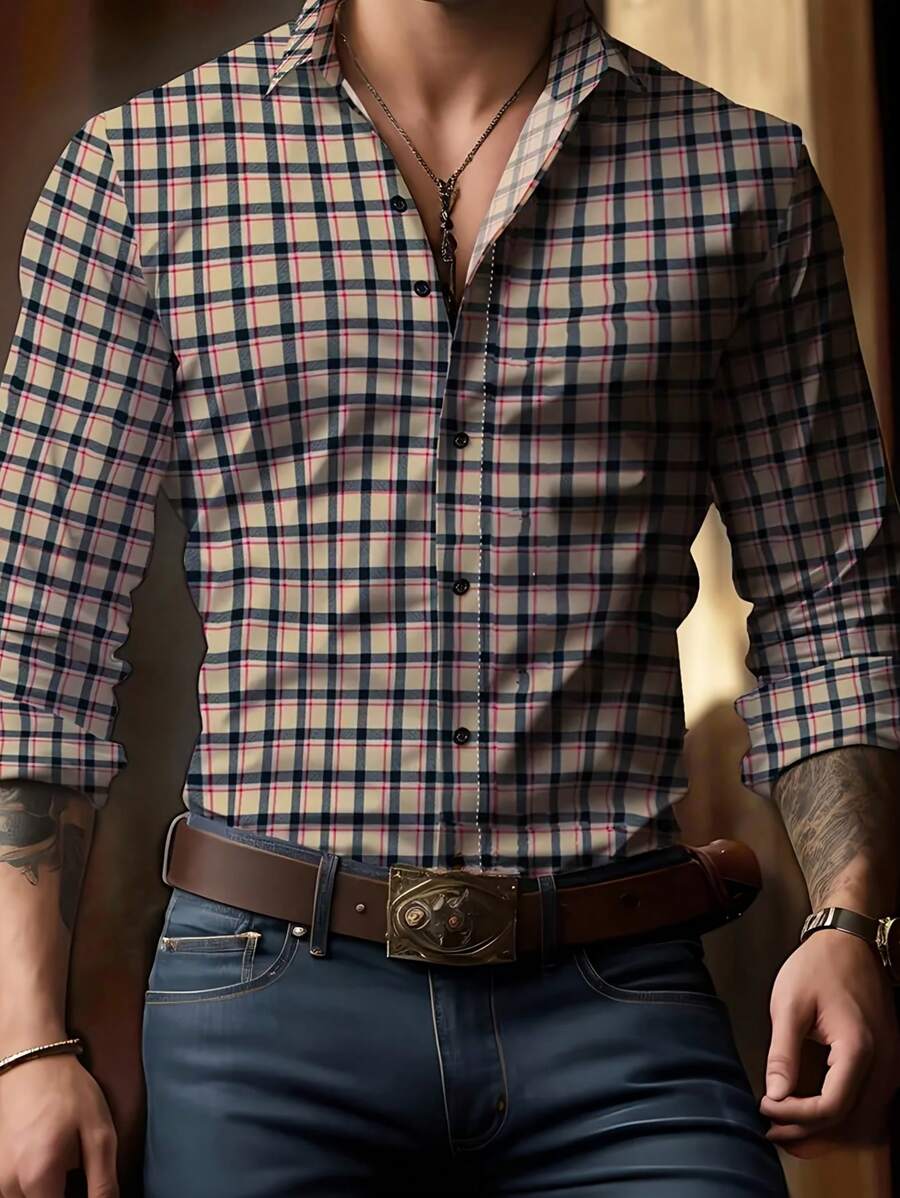 男士设计格子正式长袖衬衫，纽扣休闲商务制服衬衫，男士秋季必备礼物 - 彩色 - 查看 1