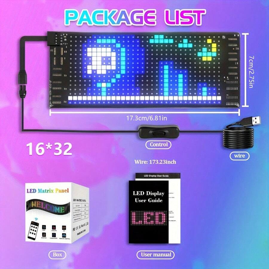 1pc 16*32 Or 20*64 Wireless LED Scrolling Sign Display - Customizable Colorful Text, Graffiti Animations, And Images - Effortless App Control, Durable, Eye-Catching, And Energy-Efficient For Business, Store, And Automotive Displays - 16*32 - Xem 1