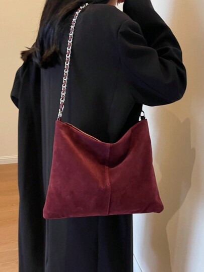 حقيبة كتف نسائية فاخرة سعة كبيرة مصنوعة من جلد الغزال اللين والسميك ذات سلسلة سحب ملهمة بالطراز الرجعي