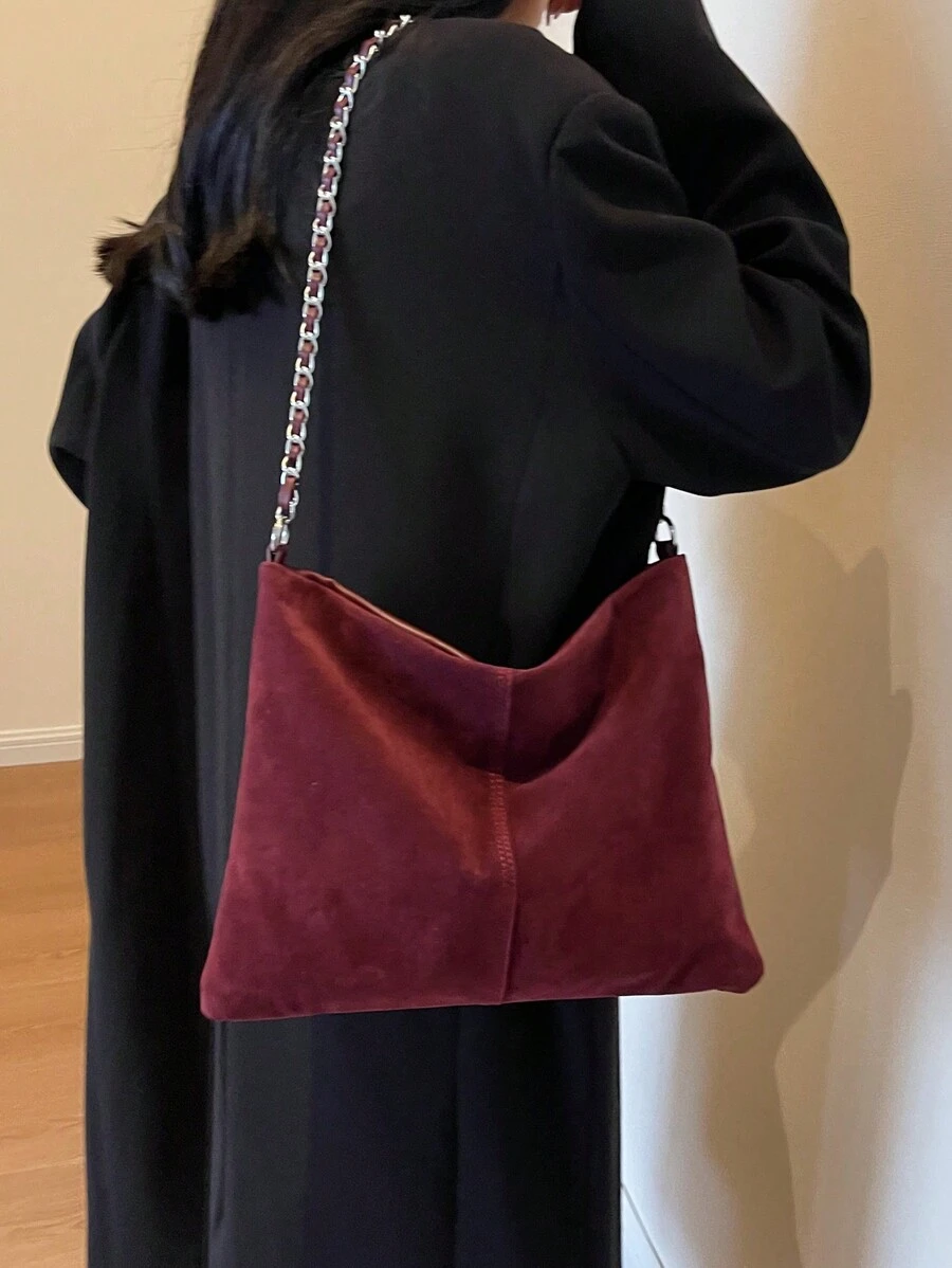 复古软皮绒面链条肩带女士大容量单肩包，绒面包钱包，复古风女士包