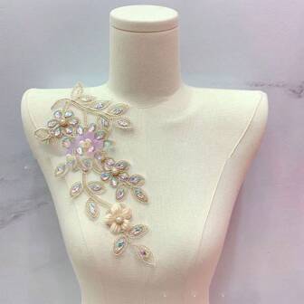 1pc/2pcs Set Of Handcrafted Rhinestone Patch Floral Embroidery Applique, Clothing Accessory Garment Sewing Decor For Dress, Bridal Gown, Purse In Multiple Colors