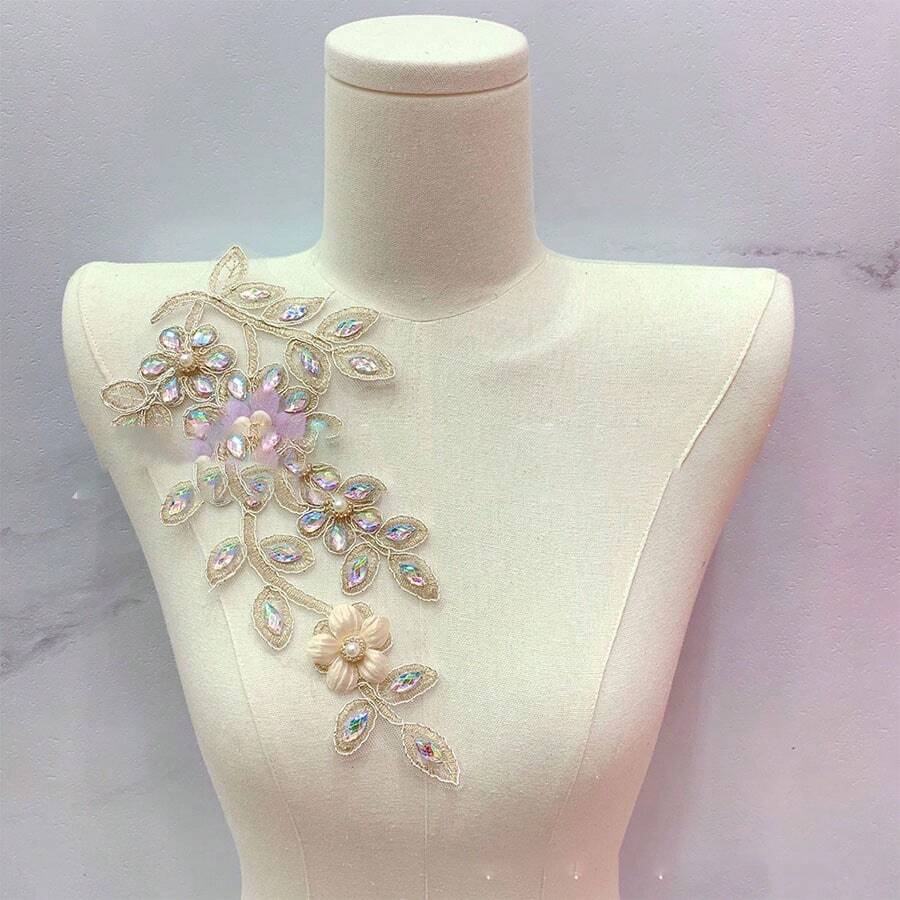 1pc/2pcs Set Of Handcrafted Rhinestone Patch Floral Embroidery Applique, Clothing Accessory Garment Sewing Decor For Dress, Bridal Gown, Purse In Multiple Colors - Multicolor - View 1