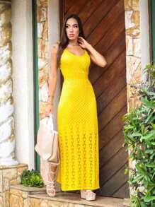 Women's Long Strap Dress With Lining And Side Slits Knit Mesh Luxury Fashion - Yellow - View 1