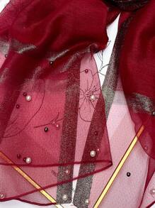 1 件女士多色纯色仿珍珠串珠桑蚕丝羊毛混纺围巾披肩，优雅时尚，轻盈保暖，适合春秋季配饰女士 - 勃根地紅 - 查看 3