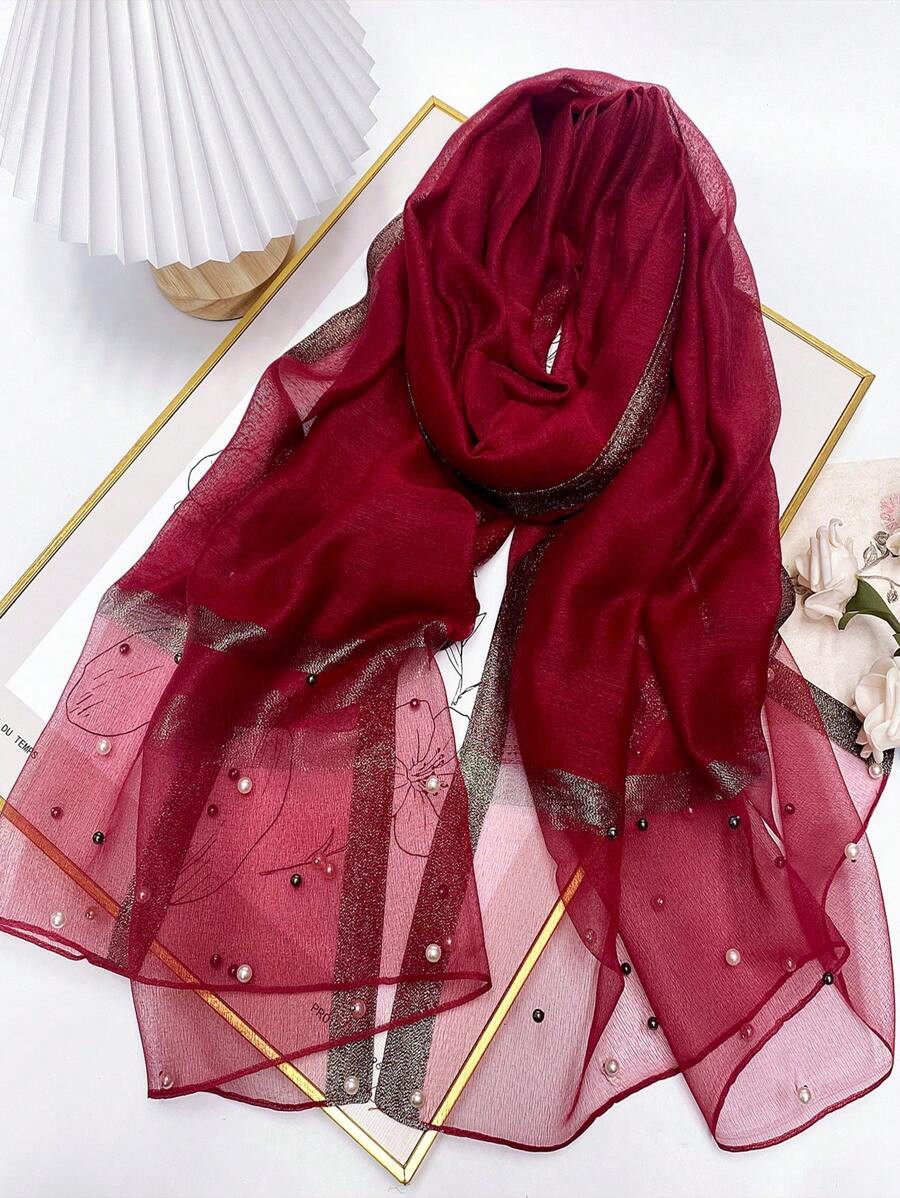 1 件女士多色纯色仿珍珠串珠桑蚕丝羊毛混纺围巾披肩，优雅时尚，轻盈保暖，适合春秋季配饰女士 - 勃根地紅 - 查看 1