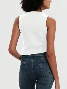 Top corto de punto con cuello redondo ajustado y sin mangas para mujer - Blanco - Ver 5