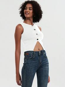 Top corto de punto con cuello redondo ajustado y sin mangas para mujer - Blanco - Ver 2