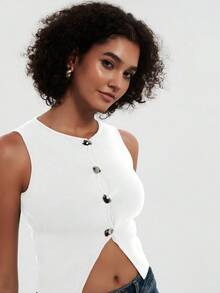 Top corto de punto con cuello redondo ajustado y sin mangas para mujer - Blanco - Ver 3