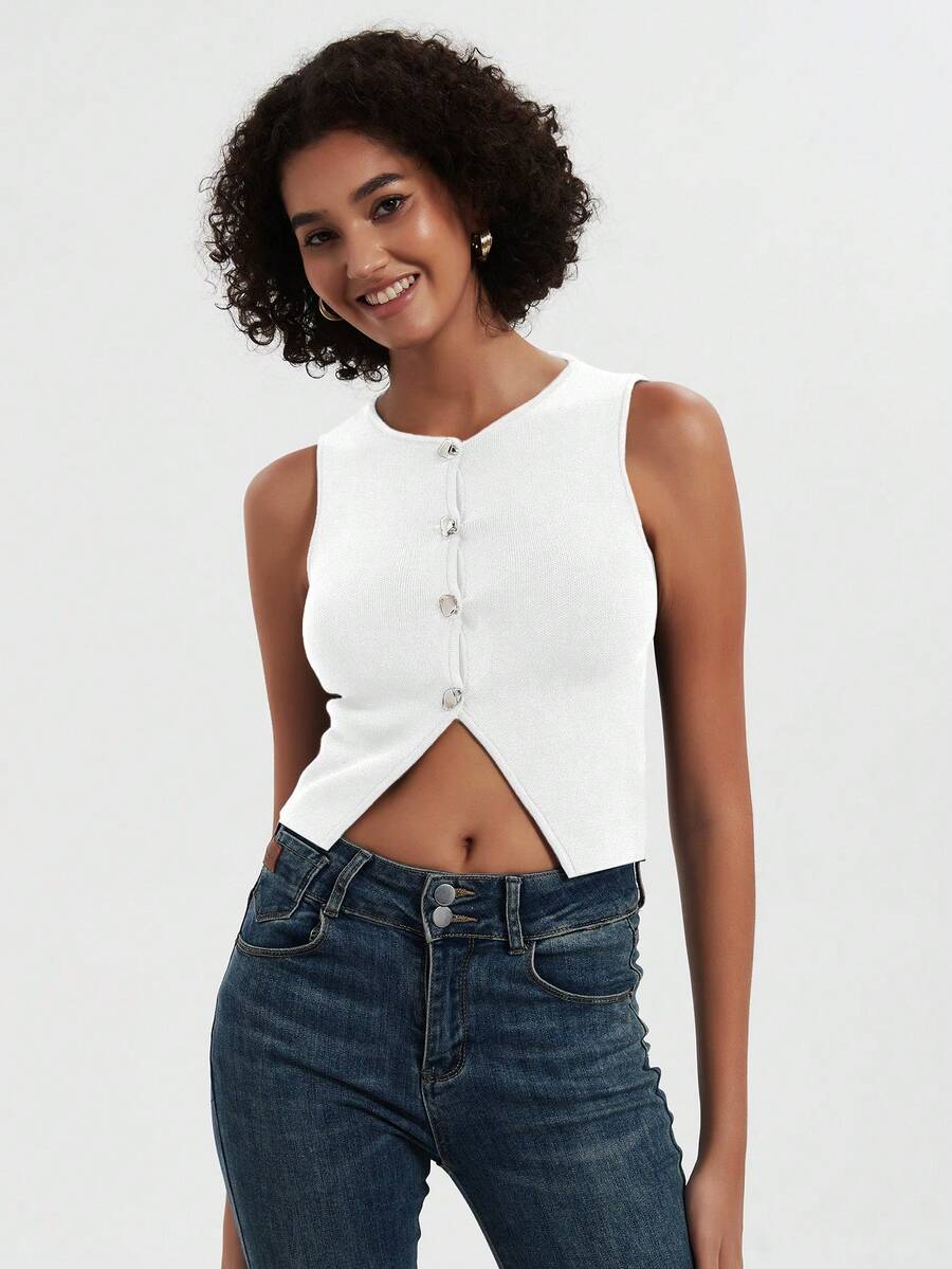 Top corto de punto con cuello redondo ajustado y sin mangas para mujer - Blanco - Ver 1