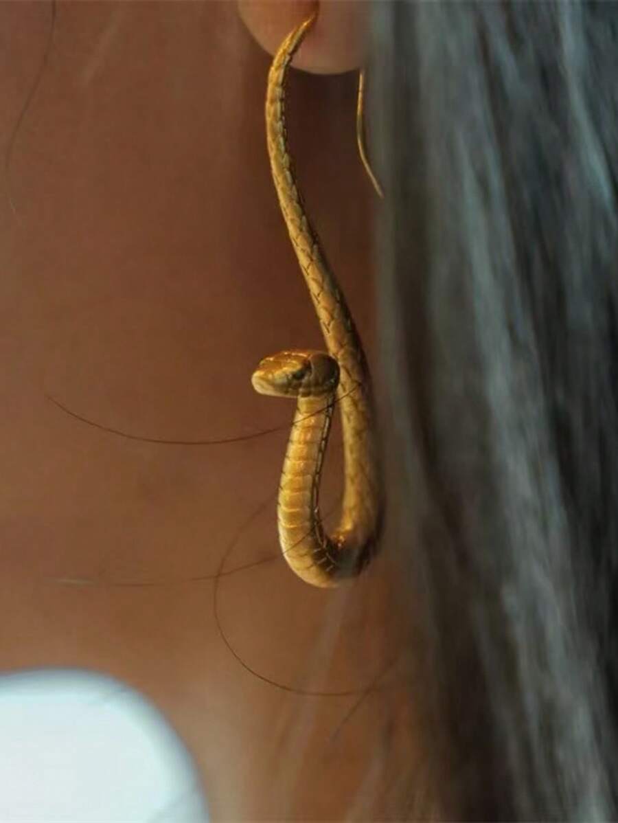 1 对时尚金色蛇形耳钩耳环，时尚仿超现实设计，适合夜总会和休闲穿着 - 金色 - 查看 1