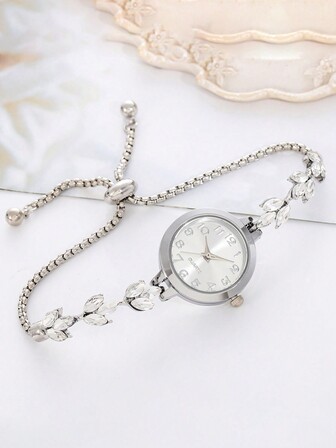 1 件女士水钻叶银色简约时尚手链石英手表适合女士节日作为返校学生的礼物