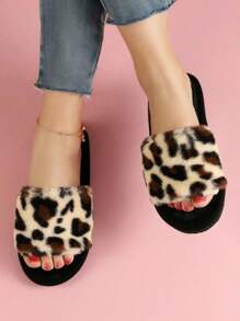 1pair Women's Leopard Print Open Toe Bedroom Slippers, Plush Material Suitable For Autumn And Winter - Multicolor - View 3