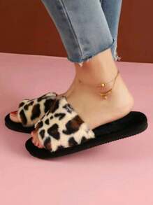 1pair Women's Leopard Print Open Toe Bedroom Slippers, Plush Material Suitable For Autumn And Winter - Multicolor - View 4