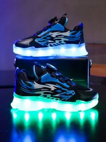 GUANGLAN 7 色 USB 充电 LED 发光男童鞋，运动网眼透气鞋带旋转按钮，卡通运动鞋，适合儿童、幼儿和大童，适合春夏秋季，男女通用 - 藍色 - 查看 6