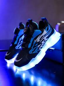 GUANGLAN 7 色 USB 充电 LED 发光男童鞋，运动网眼透气鞋带旋转按钮，卡通运动鞋，适合儿童、幼儿和大童，适合春夏秋季，男女通用 - 藍色 - 查看 5