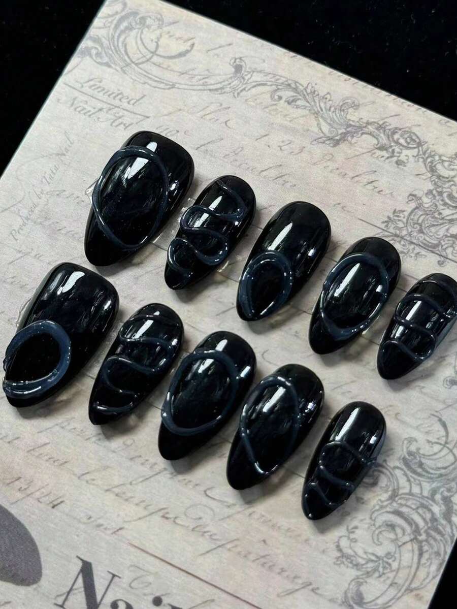 10 件/套手工杏仁形指甲贴纸，带黑线设计，可拆卸时尚假指甲 - 黑色 - 查看 1