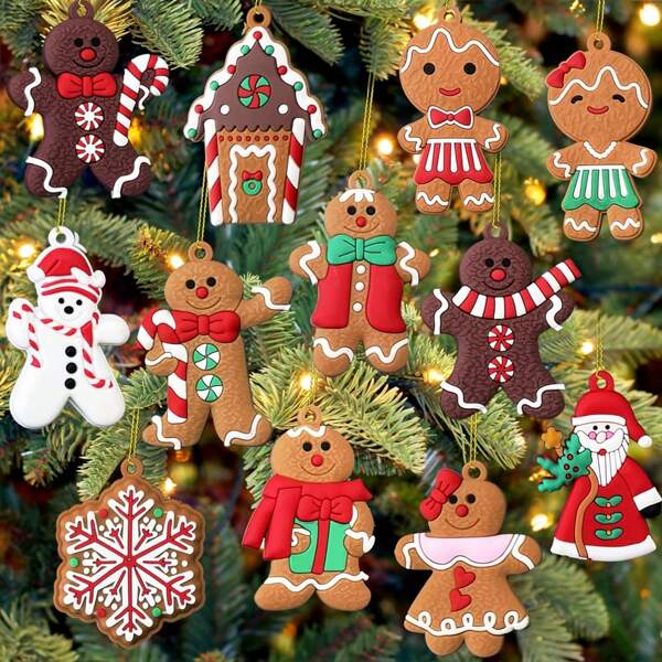 12pcs Gingerbread House Christmas Tree Decorations, Gingerbread Man Christmas Tree Ornaments, Mini Christmas Decor For Holiday Indoor Home Decoration,Christmas