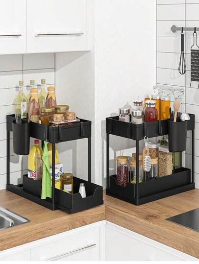 Estante de almacenamiento de plástico de 2 capas, estante de almacenamiento de encimera de cocina, estante de almacenamiento de fregadero de gabinete multiusos, estante de almacenamiento de especias y condimentos, estante de almacenamiento para baño, estante de almacenamiento para cocina adecuado para hogar y restaurantes comerciales