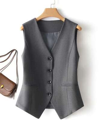 Women's Solid Color Sleeveless Vest, V-Neck Jacket, Spring/Autumn, Slimming, Fashionable, Office Wear