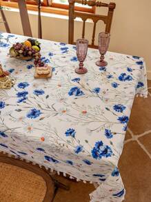 1件装清新蓝白花卉流苏长方形桌布，3D竹纹质感，可水洗，适用于餐桌、茶几、日常家居装饰，可用于餐厅、客厅、聚会、晚餐、下午茶、花园、派对、约会等场合，四季皆宜，尤其适合春夏。 - 彩色 - 查看 10