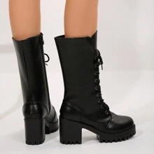 Black Dress Lace-Up Thick Sole Knee-High Riding Boots Vintage Boots For Women
