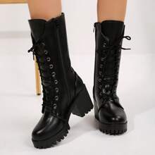 Black Dress Lace-Up Thick Sole Knee-High Riding Boots Vintage Boots For Women