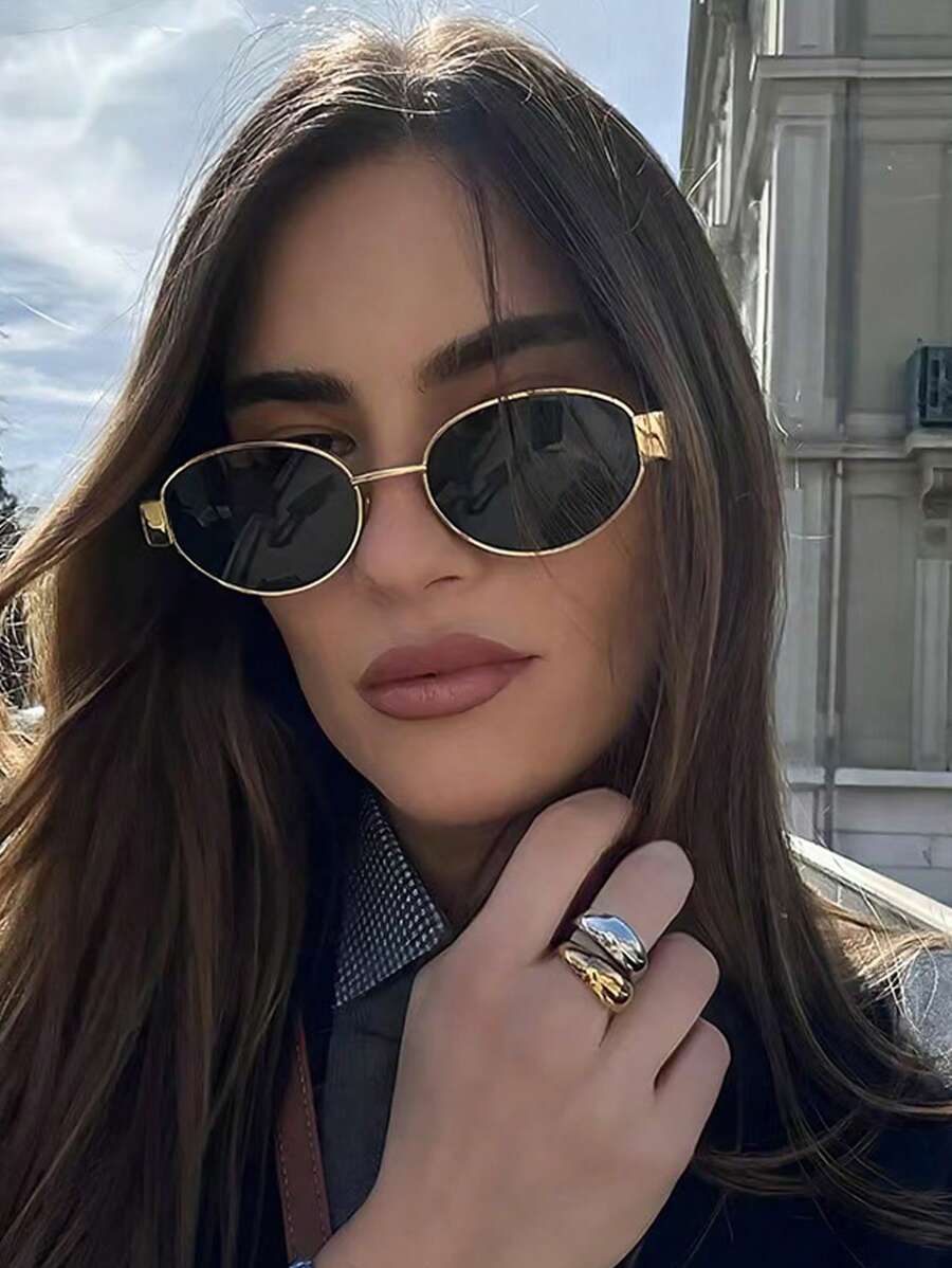 1 pieza Gafas de sol de moda con marco ovalado y estilo retro pequeño y redondo, accesorio decorativo para viajes - Dorado - Ver 1