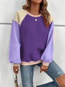Plus Size Women's Plus Size Round Neck Long Sleeve Loose Contrast Color Sweatshirt, Fall/Winter - Purple - View 3
