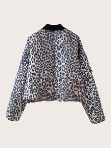 Women Winter Leopard Print Zip-Up Padded Coat - Mocha Brown - View 2