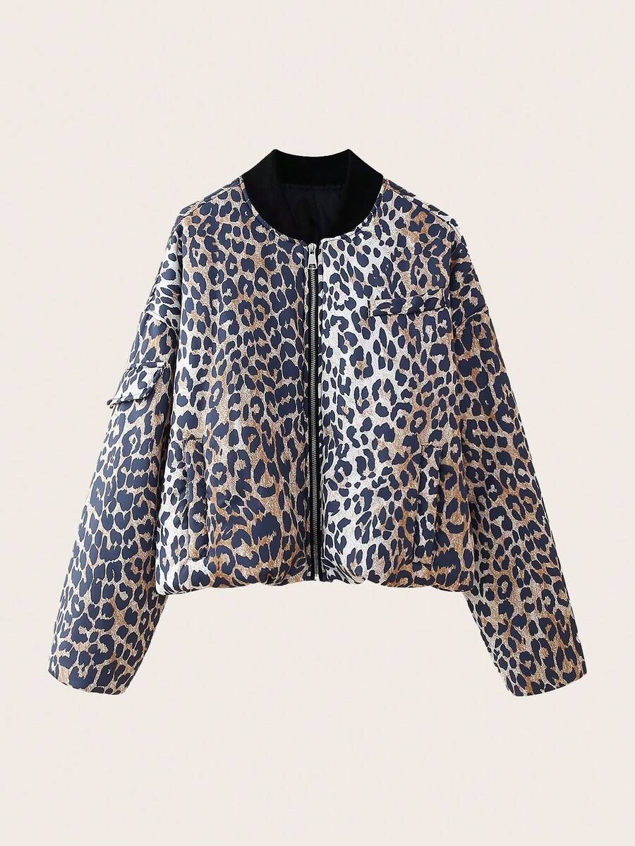 Women Winter Leopard Print Zip-Up Padded Coat - Mocha Brown - View 1