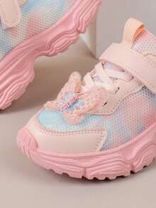 女童公主鞋2024春秋新款透气运动运动鞋幼儿儿童休闲钩环针织蝴蝶结鞋 - 粉色 - 查看 2