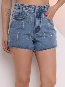 Short Jeans With Chain, Shiny Stones, Simple Waist - Rửa trung bình - Xem 1