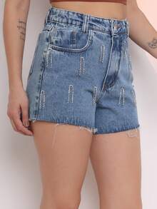 Short Jeans With Chain, Shiny Stones, Simple Waist - Rửa trung bình - Xem 3
