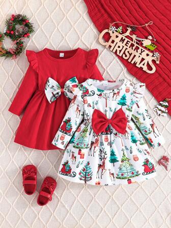2 件套女婴荷叶边领长袖圆领蝴蝶结圣诞树和花朵印花纯色连衣裙，圣诞假期