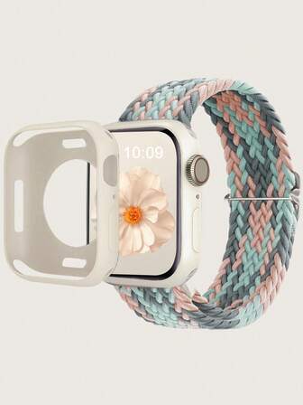 2 Packs Braided Band And Case Compatible With Apple Watch Band 42mm 45mm 44mm 41mm 40mm 38mm 46mm 49mm Men Women, Soft Stretchy Solo Loop Nylon Elastic Strap , Cute Hollow Out Silicone Watch Case Protective Cover Compatible With Apple Watch Strap Compatible With IWatch Series 11/10/9/8/7/6/5/4/3/2/1 SE