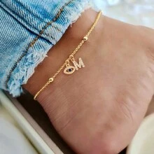 1pc New Classic Pave Zirconia Initial Eye Pendants Golden Stainless Steel Bead Chain Anklets For Women