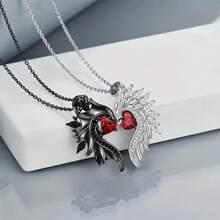 2 unidades Exquisito collar de pareja con ángel y alas, colgante de aleación negro y blanco con diamantes de imitación en forma de corazón, regalo para San Valentín, mamá, madres, Día de la Madre