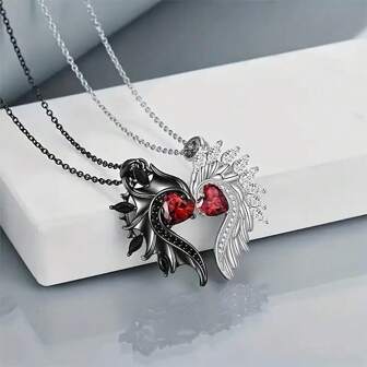 2pcs Exquisite Angel & Wing Couples Necklace, Heart Rhinestone Accented Black & White Alloy Pendant Valentines,Mom,Mother,Mother's Day,Gift