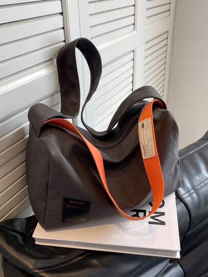 时尚女包，简约百搭，大容量，宽肩带，单肩包，休闲拼色，拉链开合，帆布手提包，适合日常使用，学院/大学风格，轻便，可折叠，斜挎