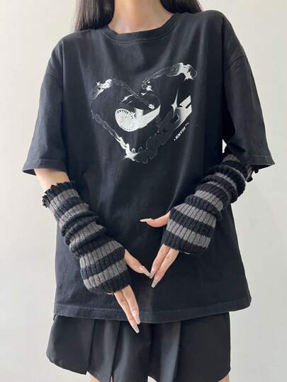 1 para ocieplaczy na ręce w stylu Y2K dla kobiet, punkowo-gotyckie, pasiaste, dzianinowe, bezpalcowe ocieplacze na rękawy na Halloween, zimne rękawiczki Y2K, Walentynki, Walentynki, Lato