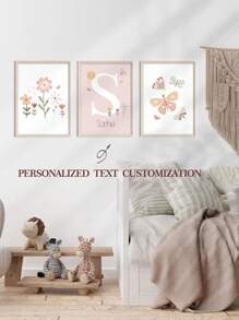 3pcs Personalized Name Custom Art Prints Pink Flowers Print Pictures Butterfly Canvas Hanging Pictures Aesthetic Wall Art Nursery Poster Room Decoration Stuff Girls Bedroom Decor Present No Frame Gifts Birthday Graduation - Beige - View 2