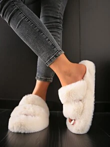 Zapatillas de felpa cálidas para mujer, zapatillas de estar por casa con punta abierta, informales y de fácil puesta, suaves y cómodas para el invierno, con suela antideslizante - Beis - Ver 4